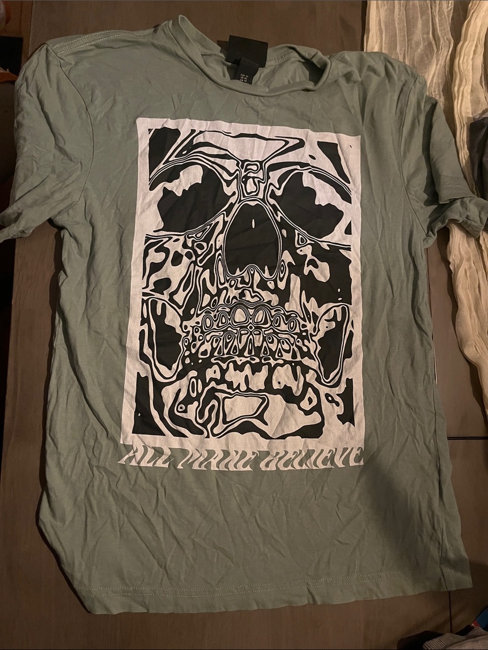 H&M Sage Green Short-Sleeve Tee with Black & White Skull Graphic
